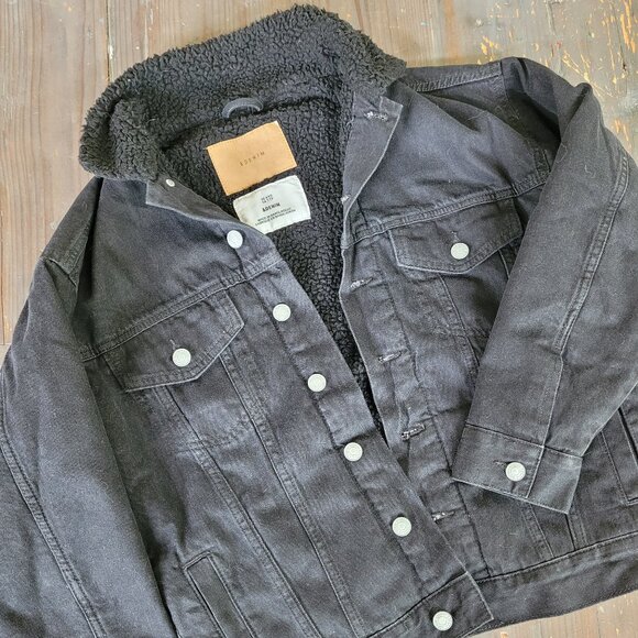 Black fleece lined denim jacket - Picture 2 of 4